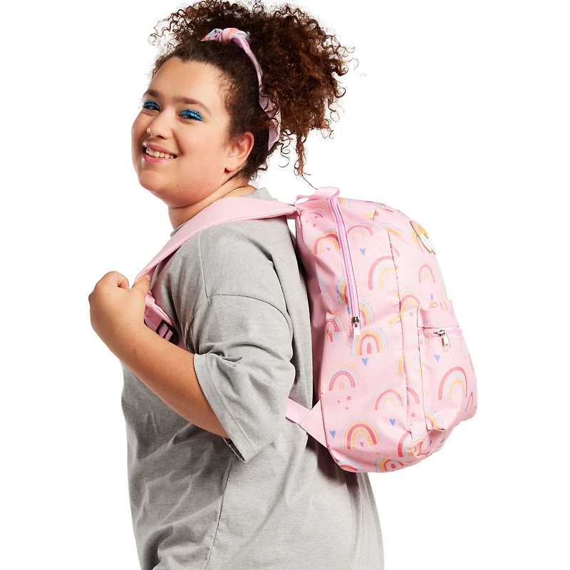 printed backpack with fuzzy patch 16in