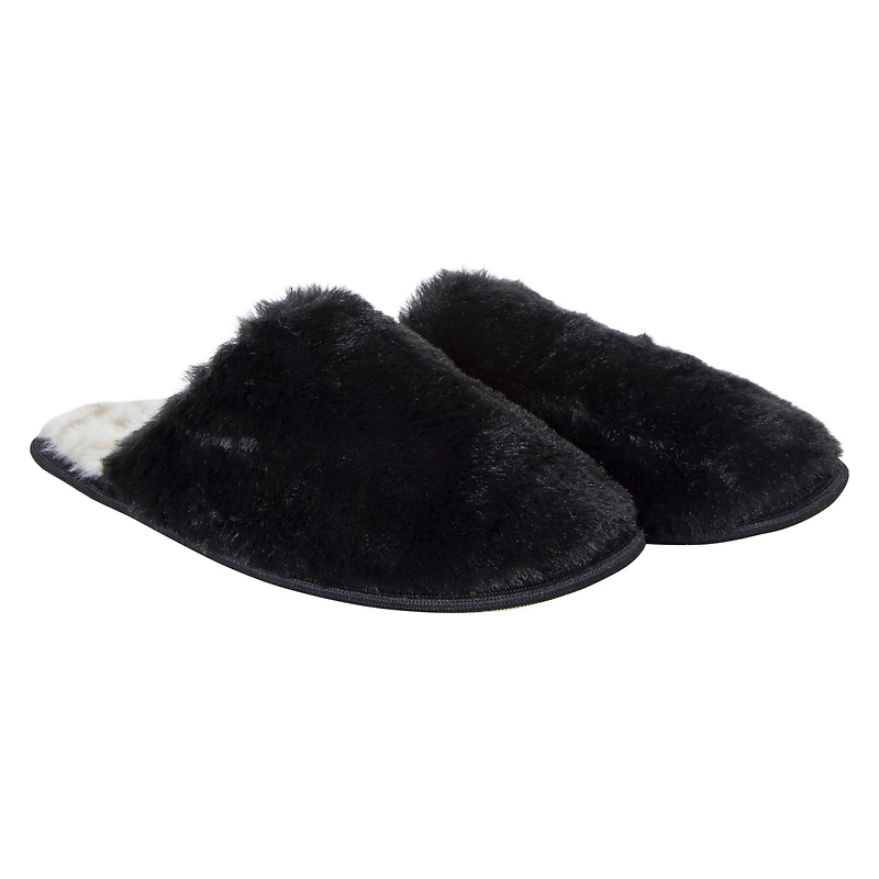ladies faux fur slippers with leopard print sole - black
