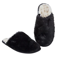 ladies faux fur slippers with leopard print sole - black