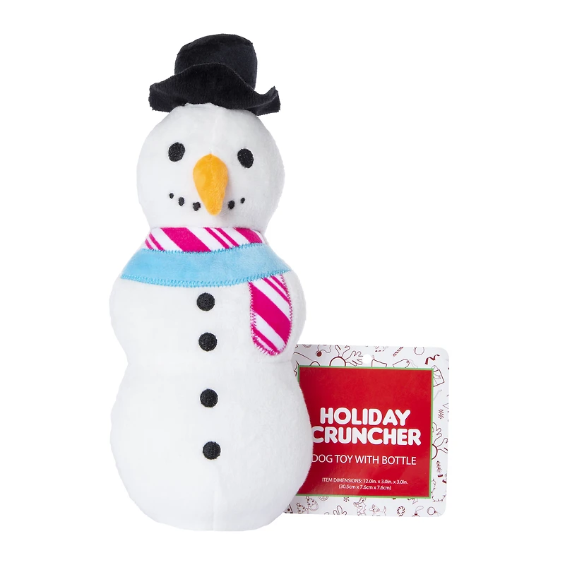 plush bottle cruncher holiday dog toy 12in x 3in