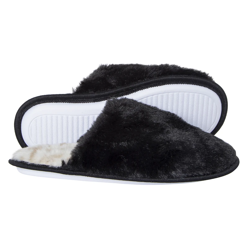 ladies faux fur slippers with leopard print sole - black