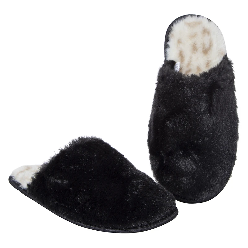 ladies faux fur slippers with leopard print sole - black