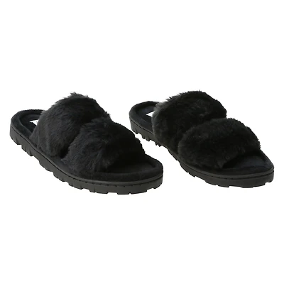 ladies black high pile faux fur slippers