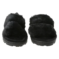 ladies black high pile faux fur slippers