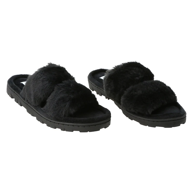 ladies black high pile faux fur slippers