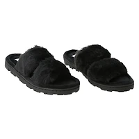 ladies black high pile faux fur slippers