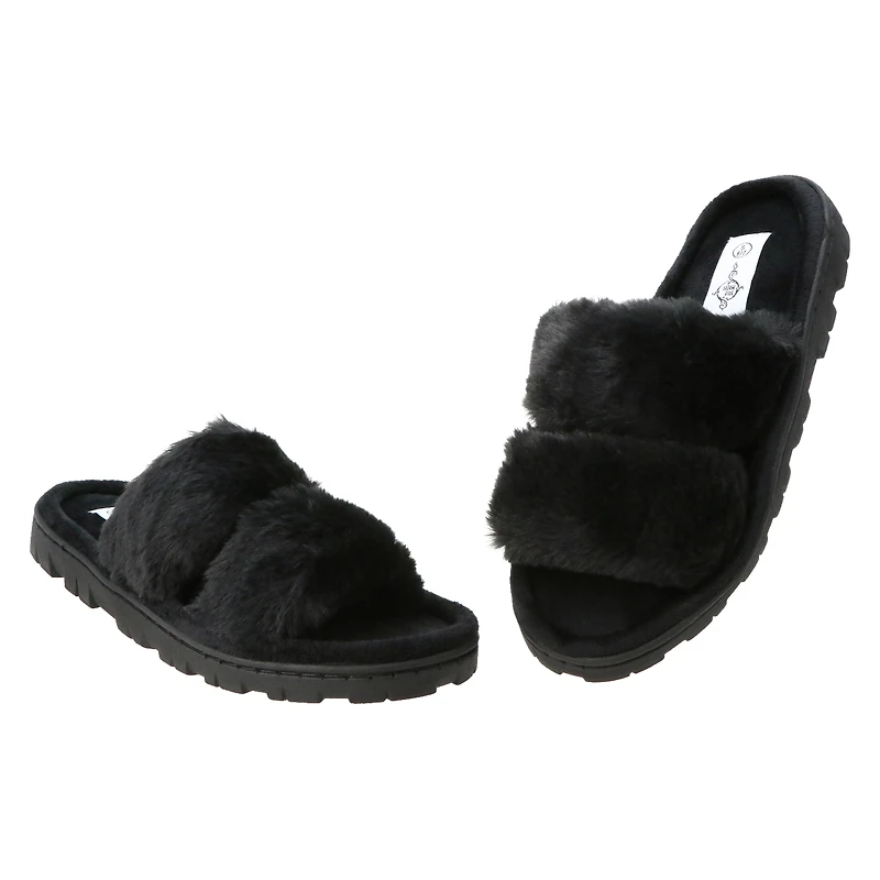 ladies black high pile faux fur slippers