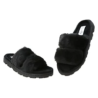 ladies black high pile faux fur slippers