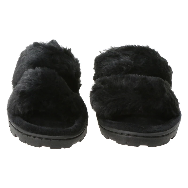 ladies black high pile faux fur slippers