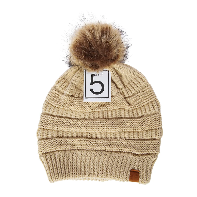 faux fur pom sweater knit beanie