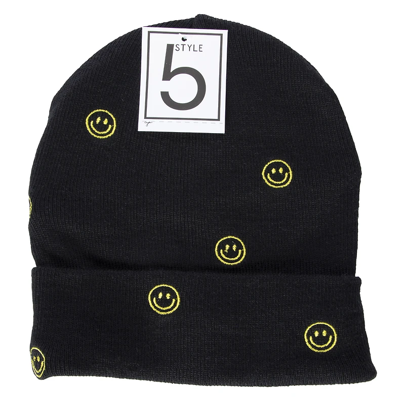 embroidered beanie - happy face