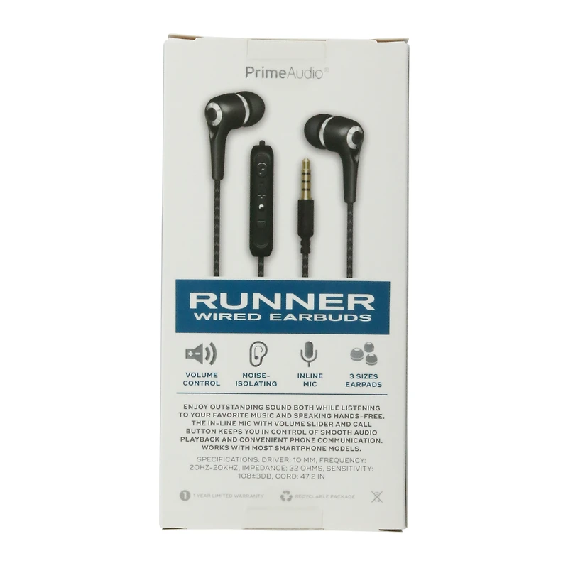 prime audio® runner noise-isolating wired earbuds