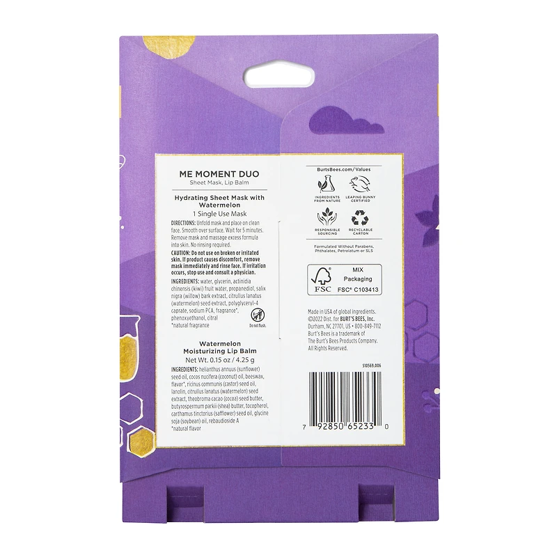 burt's bees® me moment duo hydrating sheet mask with watermelon & watermelon lip balm