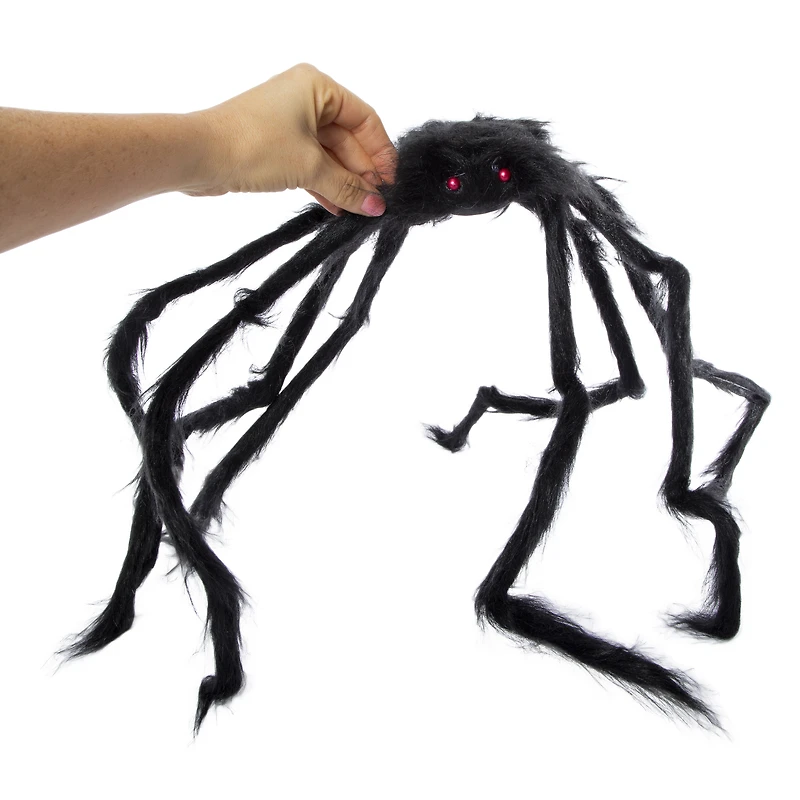 XL fuzzy black spider halloween decoration 48in x 7.1in