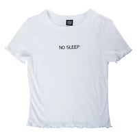 juniors embroidered ‘no sleep’ lounge top with lettuce hem