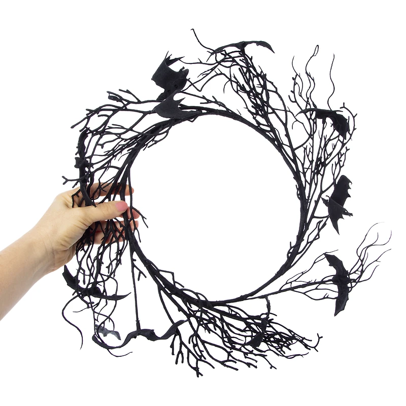 halloween black branch wreath with bats 18in