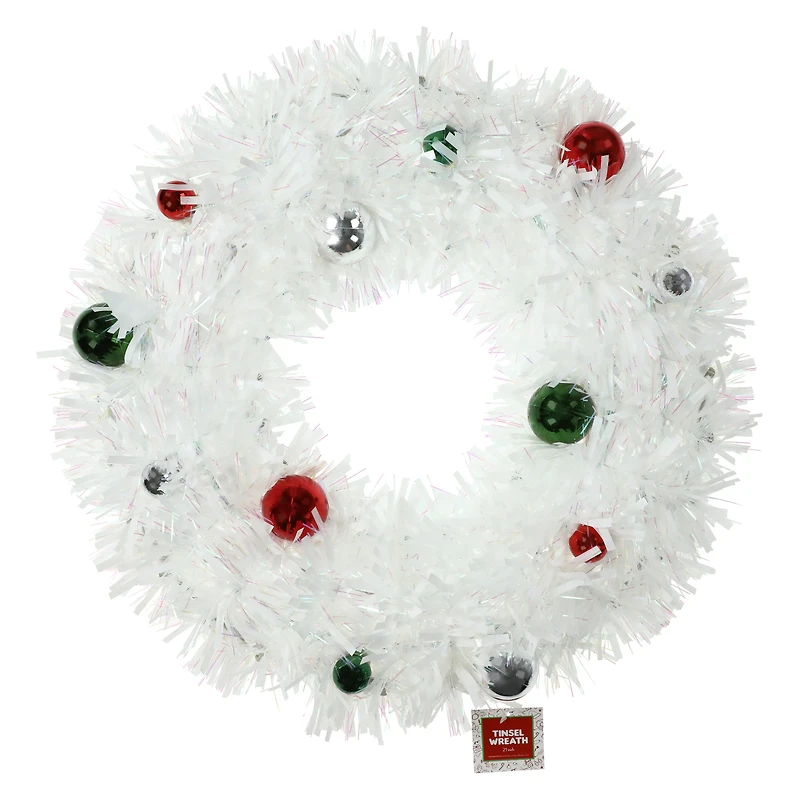 white tinsel wreath with ornaments 21in