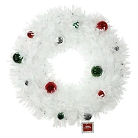 white tinsel wreath with ornaments 21in