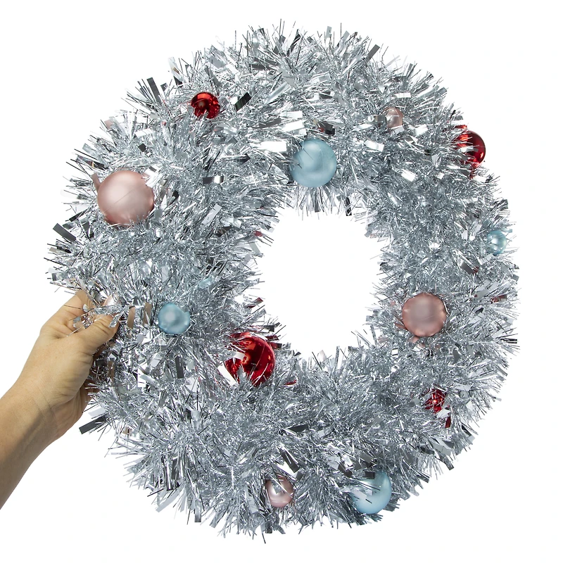 silver tinsel wreath with ornaments 21in
