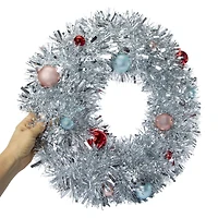 silver tinsel wreath with ornaments 21in