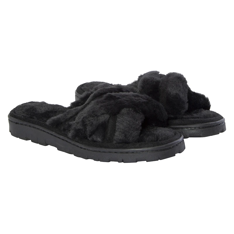 ladies white & brown cross-strap faux fur slippers