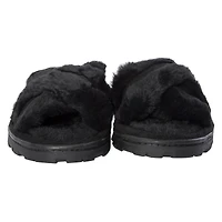 ladies white & brown cross-strap faux fur slippers
