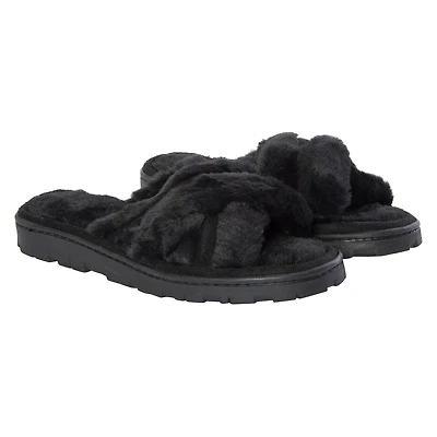 ladies white & brown cross-strap faux fur slippers