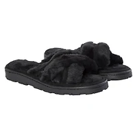 ladies white & brown cross-strap faux fur slippers