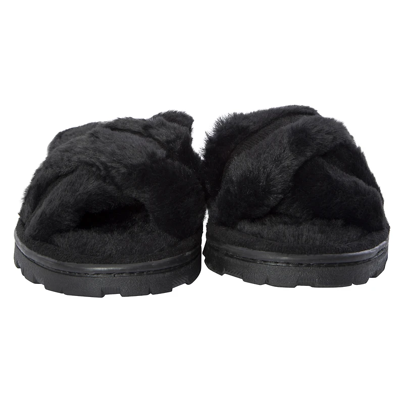 ladies white & brown cross-strap faux fur slippers