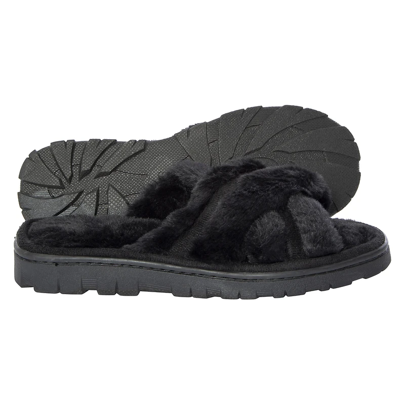 ladies white & brown cross-strap faux fur slippers