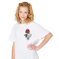 skeleton hand with rose graphic tee
