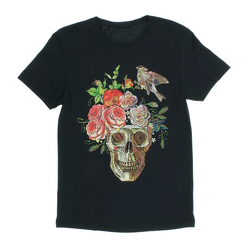 flower skull & bird graphic tee