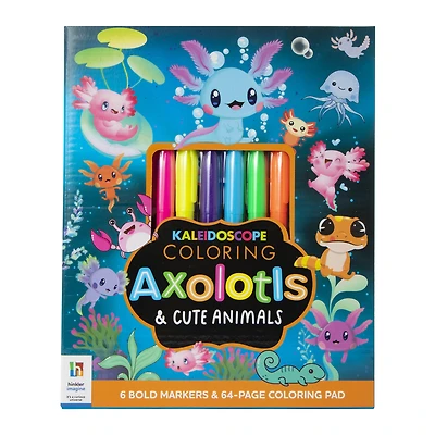 kaleidoscope axolotls & cute animals coloring book & markers kit