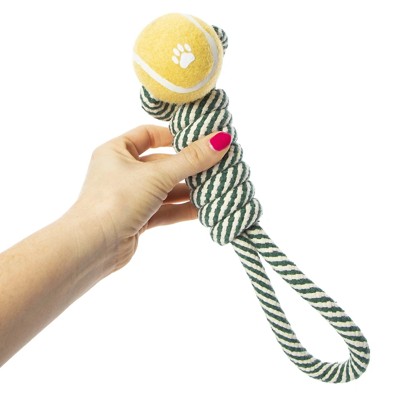 braided rope & tennis ball dog tug toy 18in x 3in