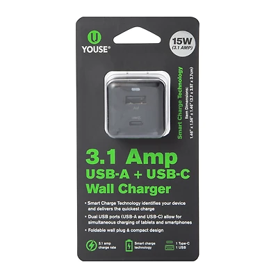 USB & USB-C dual wall charger 3.1 amp