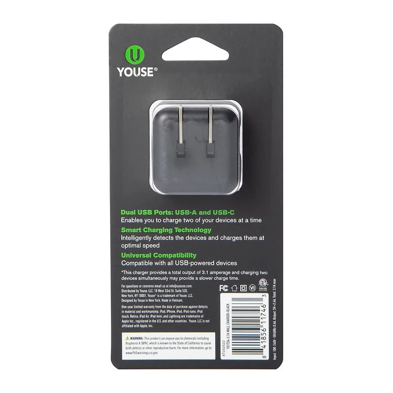 USB & USB-C dual wall charger 3.1 amp