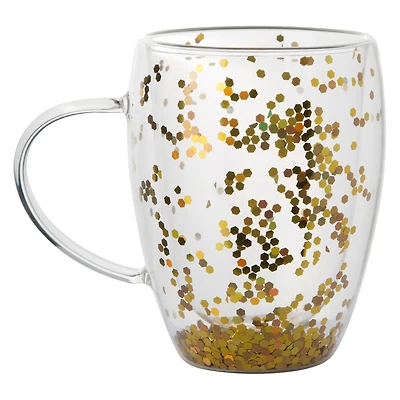 double wall glass glitter mug