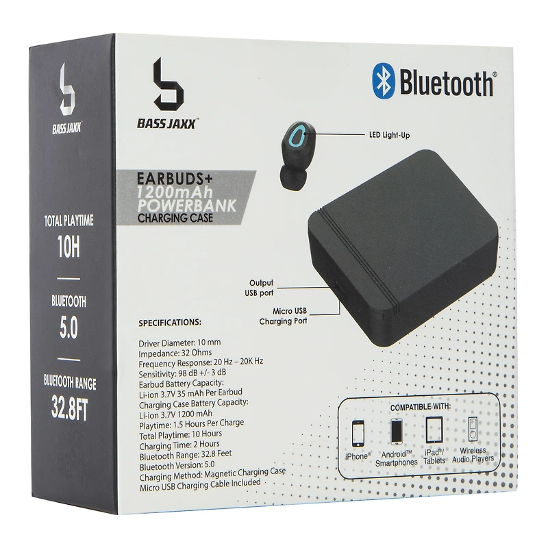 LED bluetooth® earbuds with mic & power bank charger case