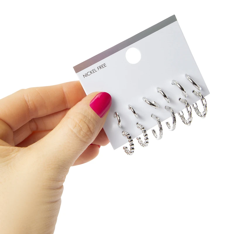 small silver hoop earrings 6-pack