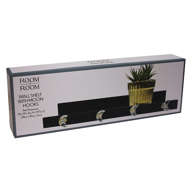 ledge wall shelf with moon hooks 15in