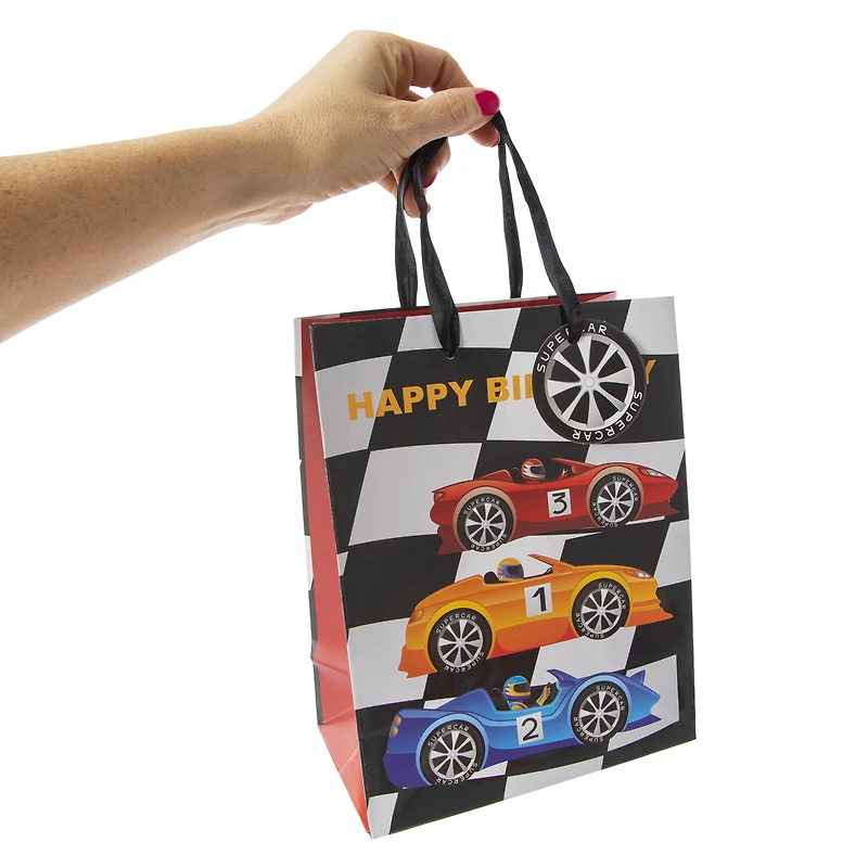 medium race car birthday gift bag 9in x 7in