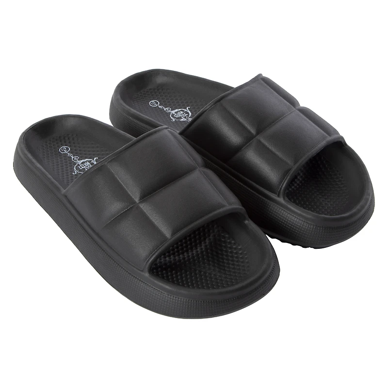 ladies orange quilted puff slide sandals