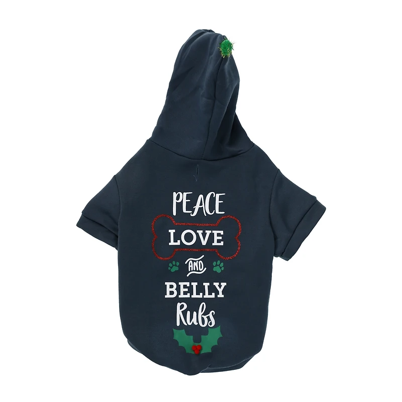 'peace love & belly rubs’ large dog holiday pet hoodie