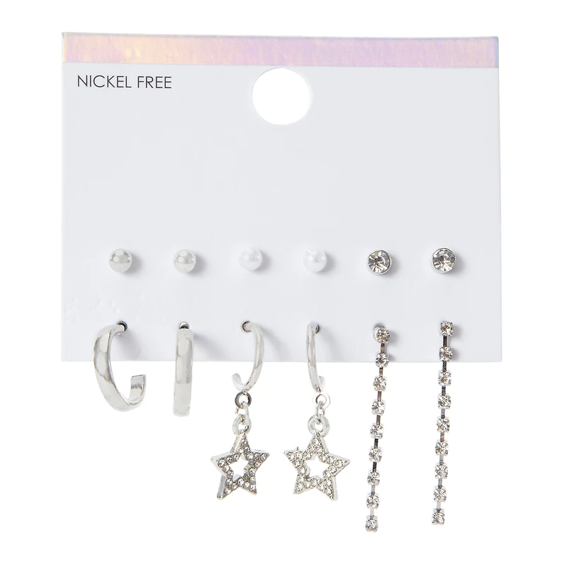faux rhinestone stud, hoop & dangle earrings 6-pair