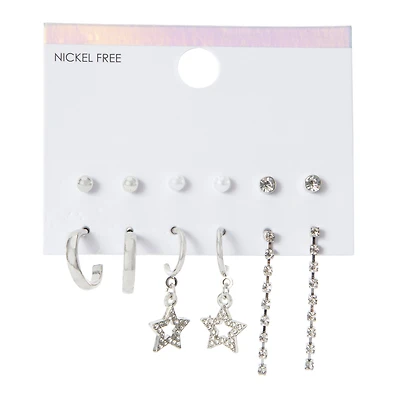 faux rhinestone stud, hoop & dangle earrings 6-pair