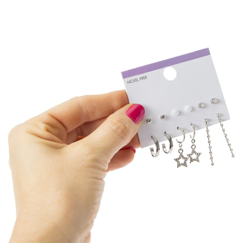 faux rhinestone stud, hoop & dangle earrings 6-pair