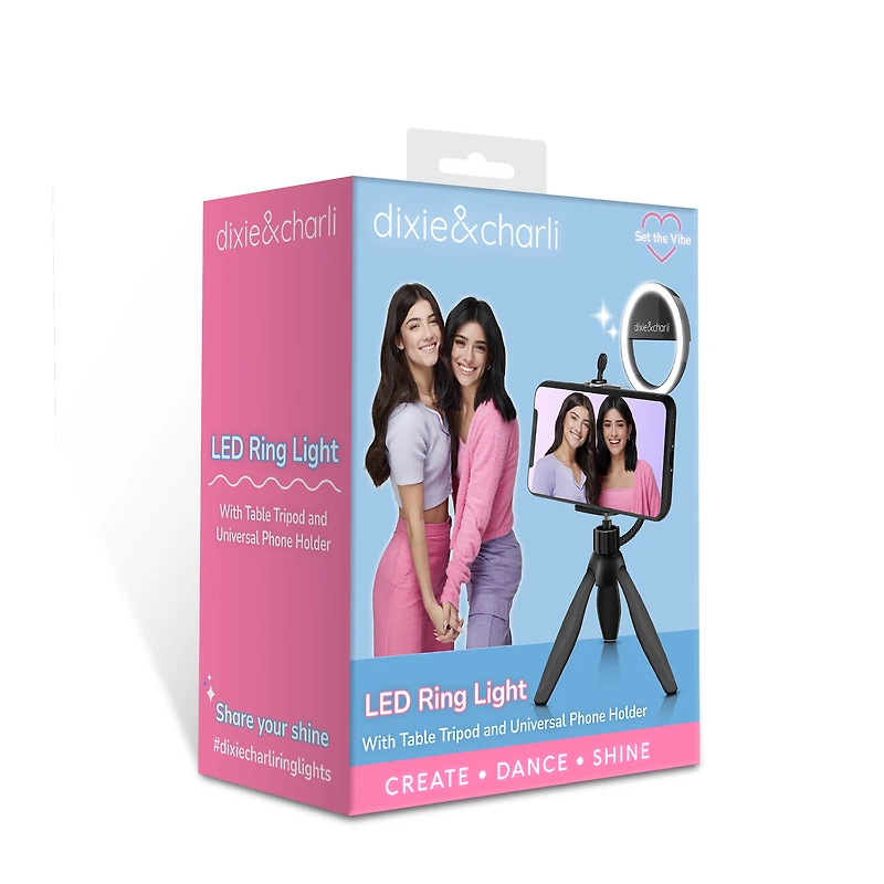 exclusive Dixie & Charli LED ring light w/ table tripod universal phone holder