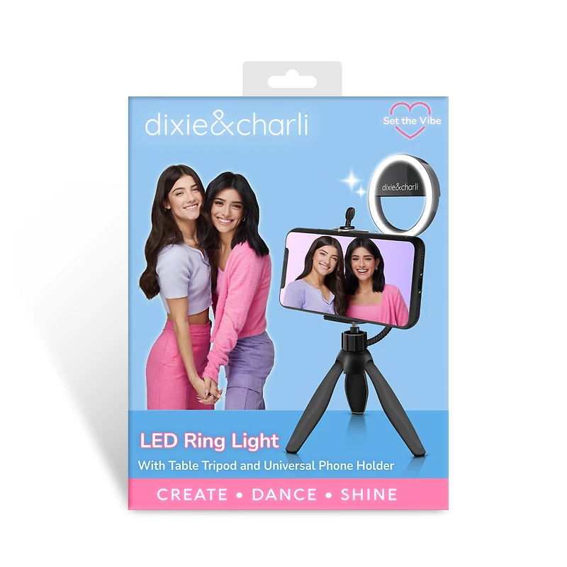 exclusive Dixie & Charli LED ring light w/ table tripod universal phone holder
