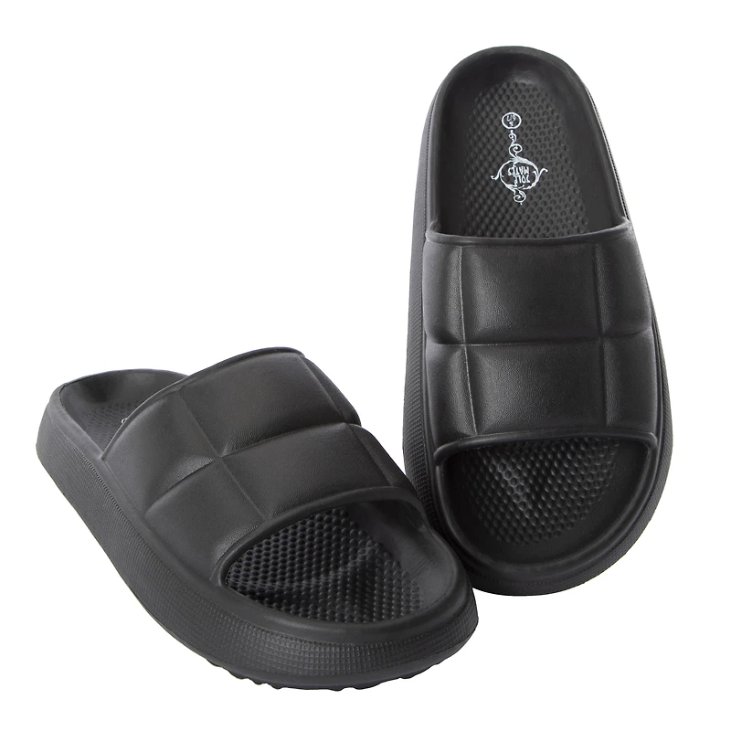 ladies orange quilted puff slide sandals