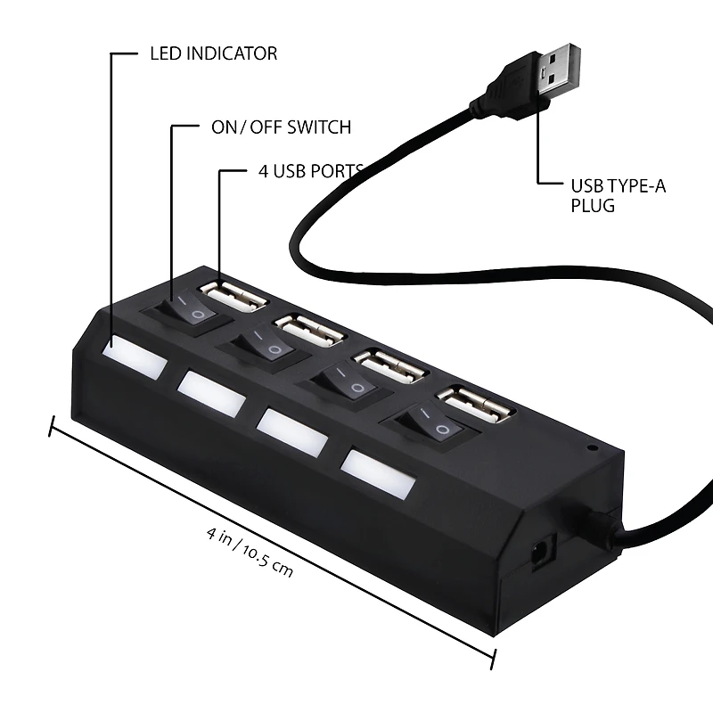 4-port high speed USB charging hub with power switches
